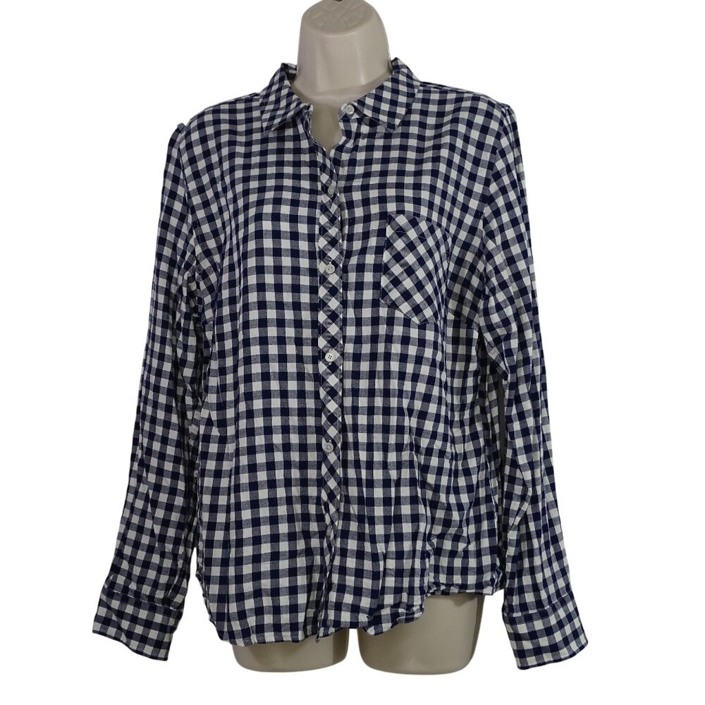 Untuckit Blue White Gingham Plaid Button Up Shirt Women Size 12 Long Sleeve